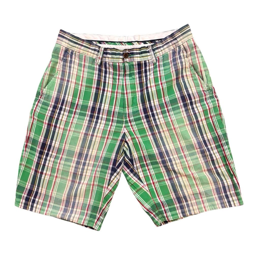 Vintage Polo Ralph Lauren Plaid Cotton Flat Front Shorts Green Navy Men's 32x10